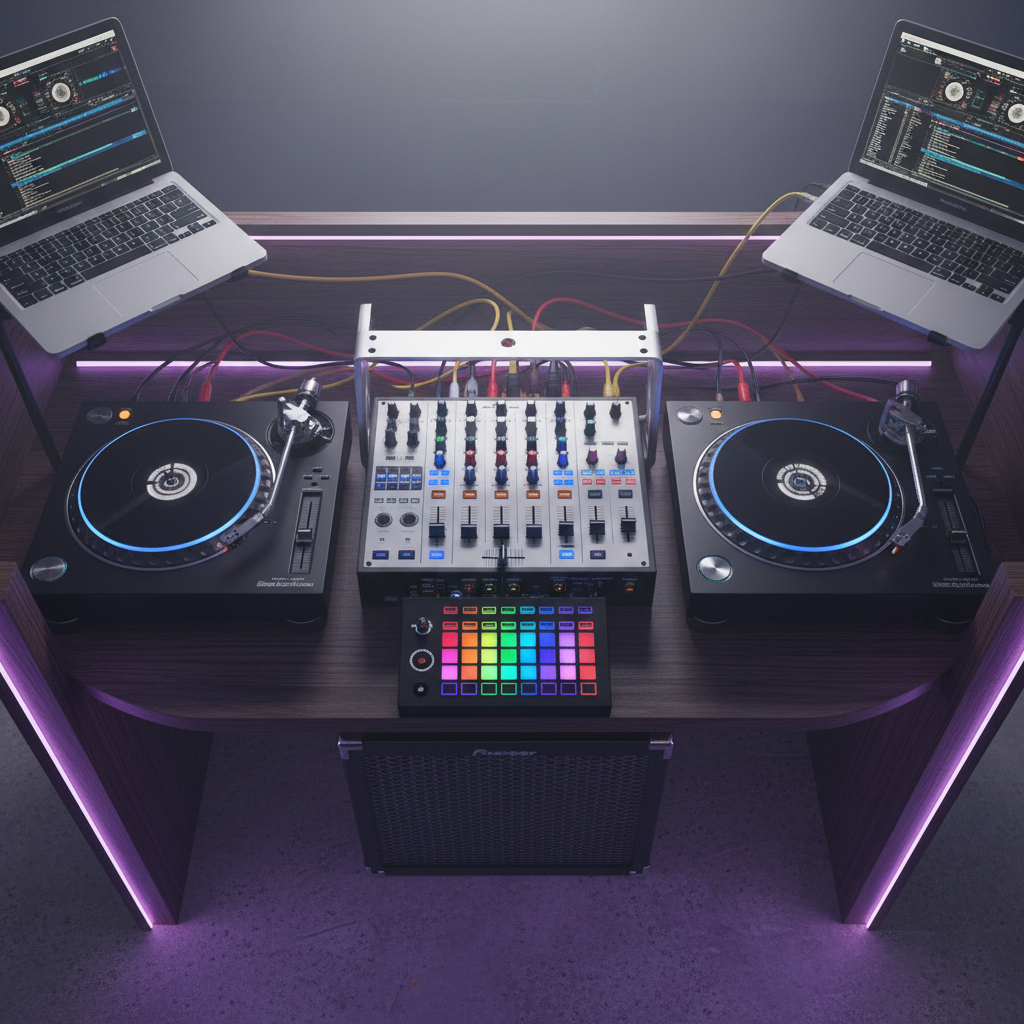 Ein DJ-Pult mit zwei Plattenspielern, einem Mischpult, einem Controller und zwei Laptops auf einem beleuchteten Holztisch.